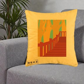 Perna Decorativa Scari Toamna Peisaj Grafic, 40x40 cm, Galben, Husa Detasabila, Perna Inclusa, BEKZ®