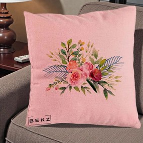 Perna Decorativa Buchet Flori Acuarela Roz-Verde, 40x40 cm, Roz, Husa Detasabila, Perna Inclusa, BEKZ®