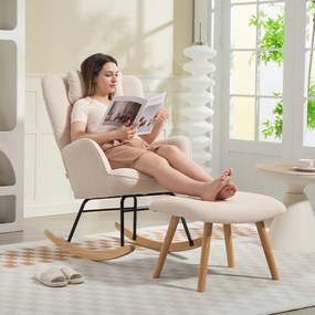 HOMCOM Fotoliu cu leagăn și suport pentru picioare, cu husă moale din fleece, picioare din lemn, pernă, spătar înalt, leagăn, Bej | Aosom Romania
