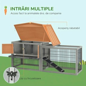 PawHut Cuib Exterior din Lemn de Brad cu Rampă, Acoperiș Rabatabil Impermeabil, Sertar Detașabil, Cuib pentru Iepuri, Animale Mici, Gri Deschis | Aosom Romania