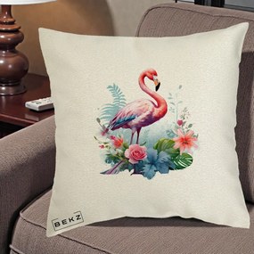 Perna Decorativa Flamingo cu Flori Tropicale Acuarela, 40x40 cm, Ecru, Husa Detasabila, Perna Inclusa, BEKZ®
