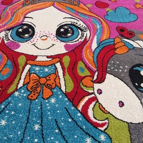 Covor roz modern pentru camera de copii papușă și unicorn Lățime: 160 cm | Lungime: 220 cm