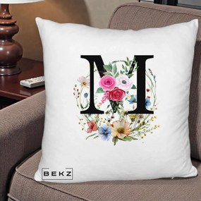 Cadou Personalizat - Perna Personalizata Monogram Litera M cu Flori Acuarela, 40x40 cm, Alb Pufos, Husa Detasabila, Perna Inclusa, BEKZ®