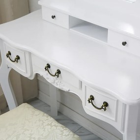 RESIGILAT- Set ELISABETA, Masă de toaletă cu 3 oglinzi, iluminare LED, control touch, 5 sertare, scaun, Alb