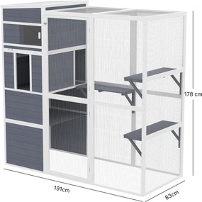 PawHut Cușcă pentru pisici în aer liber Casă din lemn cu 3 platforme acoperiș rezistent la intemperii zonă de odihnă pentru 3-4 pisici până la 10 kg Gri | Aosom Romania