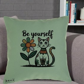 Perna Personalizata Be Yourself Pisica Folk, 40x40 cm, Verde, Husa Detasabila, Perna Inclusa, BEKZ®