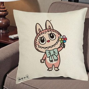 Perna Personalizata Labubu Roz cu Morisca, 40x40 cm, Ecru, Husa Detasabila, Perna Inclusa, BEKZ®