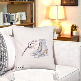 Perna Decorativa Patine cu Ramuri Inzapezite, 40x40 cm, Bej cu Franjuri, Husa Detasabila, Perna Inclusa, BEKZ®