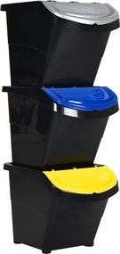 vidaXL Coșuri de gunoi stivuibile cu capace, 3 buc., negru, 78 L, PP