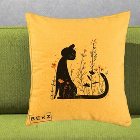 Perna Decorativa Pisica Neagra Flori Portocalii Silueta, 40x40 cm, Galben, Husa Detasabila, Perna Inclusa, BEKZ®