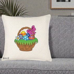 Perna Decorativa Cos cu Oua de Pasti Colorat, 40x40 cm, Crem Reliefat, Husa Detasabila, Perna Inclusa, BEKZ®