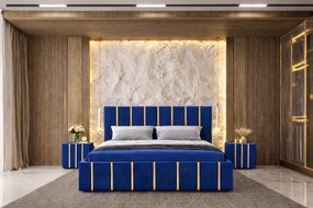 Pat tapitat Hugo 140x200 cm, Albastru + Saltea Superortopedica Gold, grosime 20 cm + Set 2 noptiere Hugo, Albastru