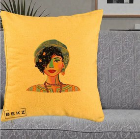 Perna Decorativa Portret Femeie Etnic Colorat, 40x40 cm, Galben, Husa Detasabila, Perna Inclusa, BEKZ®
