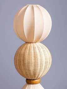 Lampă de podea din in și rattan natur, cu structură din lemn deschis, etaje rotunde suprapuse, finisaj natural, 138×34 cm, „Lumea"