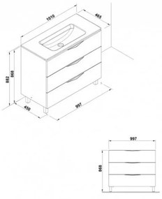 Set dulap baie 3 sertare Gala Agata cu lavoar Emma inclus, 100 cm, gri lucios Gri, 1010x465 mm