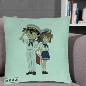 Perna Personalizata Detective Conan Conan si Ai Sailor, 40x40 cm, Verde Menta, Husa Detasabila, Perna Inclusa, BEKZ®