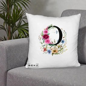 Cadou Personalizat - Perna Personalizata Monogram Litera O cu Flori Acuarela, 40x40 cm, Alb Pufos, Husa Detasabila, Perna Inclusa, BEKZ®