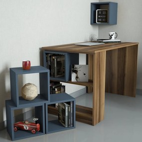 Set Birou de Studiu si Raft, PAL Melaminat, Box, Nuc / Albastru Petrol