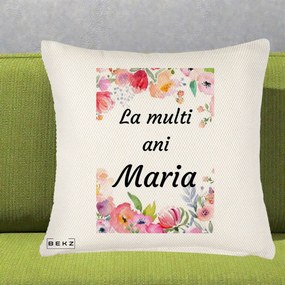 Cadou de Onomastica - Perna Personalizata La Multi Ani Maria Flori Acuarela, 40x40 cm, Crem Reliefat, Husa Detasabila, Perna Inclusa, BEKZ®
