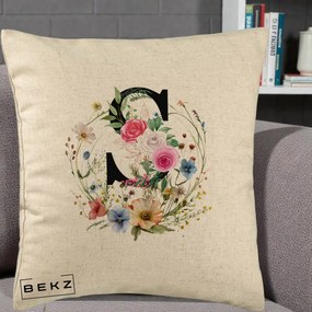 Cadou Personalizat - Perna Personalizata Monogram Litera S cu Flori Acuarela, 40x40 cm, Bej, Husa Detasabila, Perna Inclusa, BEKZ®