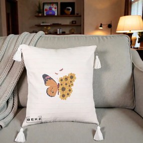 Perna Decorativa Fluture Floarea-Soarelui, 40x40 cm, Bej cu Franjuri, Husa Detasabila, Perna Inclusa, BEKZ®