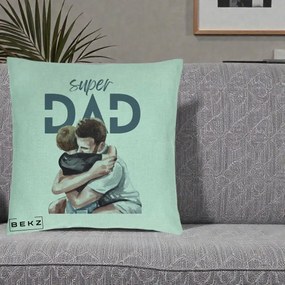 Cadou pentru Tata - Perna Personalizata Super Dad Tata si Fiu Imbratisare, 40x40 cm, Verde Menta, Husa Detasabila, Perna Inclusa, BEKZ®
