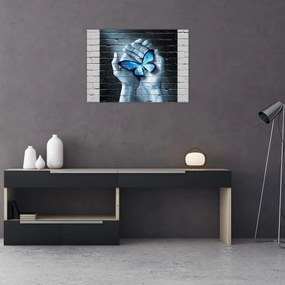 Tablou pe sticlă cu flutere albastru pe perete (70x50 cm)