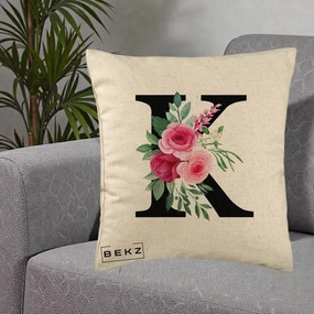 Cadou Personalizat - Perna Personalizata Monograma Florala Litera K, 40x40 cm, Bej, Husa Detasabila, Perna Inclusa, BEKZ®
