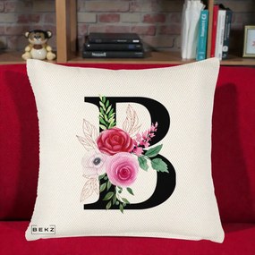Cadou Personalizat - Perna Personalizata Monograma Florala Litera B, 40x40 cm, Crem Reliefat, Husa Detasabila, Perna Inclusa, BEKZ®