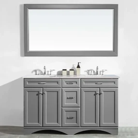 Set mobilier baie, dulap lemn 3 sertare cu dublu lavoar, blat quartz + oglinda rama lemn, Egora 152.4x55.8x86 cm, gri