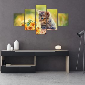 Tablou cu pisicuța uitându-se la floare (125x70 cm), în 40 de alte dimensiuni noi