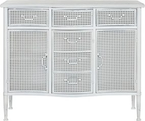 Bufet vintage din metal, alb, cu 3 uși și 3 sertare din tablă perforată, stil industrial, finisaj antichizat, 85 x 101 x 42 cm, „Merej”