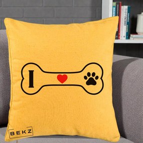 Perna Personalizata I Love Dog Os si Labuta, 40x40 cm, Galben, Husa Detasabila, Perna Inclusa, BEKZ®
