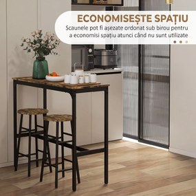 HOMCOM Set Masă Înaltă și 2 Taburete de Bar cu Suport pentru Picioare, Stil Industrial, Negru și Maro | Aosom Romania