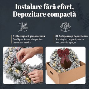 HOMCOM Coroniță de Crăciun 60 cm cu Lumini LED, Fundă în Carouri, Conuri de Pin și Bobițe, Verde | Aosom Romania