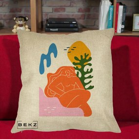 Perna Decorativa Femeie Portocalie Relaxata, 40x40 cm, Crem, Husa Detasabila, Perna Inclusa, BEKZ®