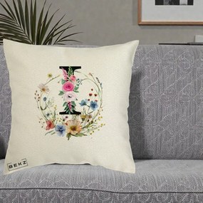 Cadou Personalizat - Perna Personalizata Monogram Litera I cu Flori Acuarela, 40x40 cm, Ecru, Husa Detasabila, Perna Inclusa, BEKZ®