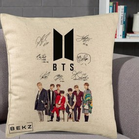 Perna Personalizata K-pop BTS Semnaturi Foto, 40x40 cm, Bej, Husa Detasabila, Perna Inclusa, BEKZ®