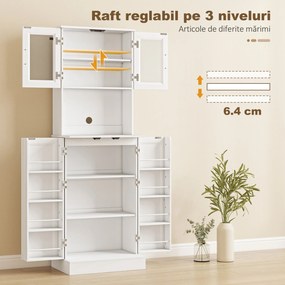 HOMCOM Bufet înalt de bucătărie 180 cm, 8 rafturi pentru condimente pe uși, uși din acril, raft reglabil, orificiu pentru cabluri, alb | Aosom Romania