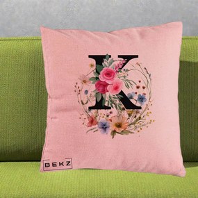 Cadou Personalizat - Perna Personalizata Monogram Litera K cu Flori Acuarela, 40x40 cm, Roz, Husa Detasabila, Perna Inclusa, BEKZ®