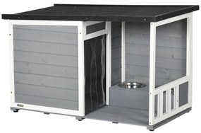 PawHut Căsuță pentru câini din lemn masiv, cu 2 boluri, verandă, rezistent la intemperii, 103 cm x 62 cm x 66 cm, Gri + Alb | Aosom Romania