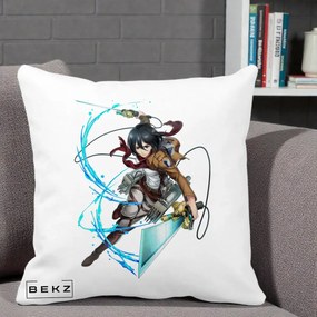 Perna Personalizata Attack on Titan Mikasa Ackerman Lupta, 40x40 cm, Alba Mata, Husa Detasabila, Perna Inclusa, BEKZ®