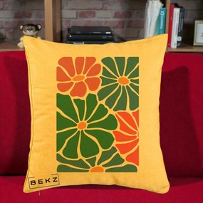 Perna Decorativa Flori Grafice Verde-Roz-Albastru, 40x40 cm, Galben, Husa Detasabila, Perna Inclusa, BEKZ®