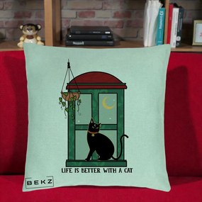 Perna Personalizata Life is Better with a Cat Geam, 40x40 cm, Verde Menta, Husa Detasabila, Perna Inclusa, BEKZ®