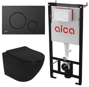 Set rezervor WC cu cadru incastrat Alca AM101/1120 si clapeta M678 negru mat plus vas WC Rea Carlo Mini cu capac softclose