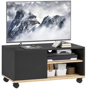HOMCOM Stand TV pe Roți cu 2 Frâne - 2 nișe + Dulap cu Ușă 2 Treceri pentru Cablu - din Lemn Negru și Stejar Deschis | Aosom Romania