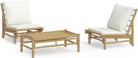vidaXL Set mobilier de grădină, cu perne alb crem, 3 piese, bambus