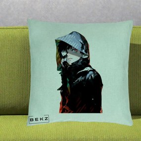 Perna Personalizata Tokyo Ghoul Ken Kaneki cu Masca si Gluga, 40x40 cm, Verde Menta, Husa Detasabila, Perna Inclusa, BEKZ®