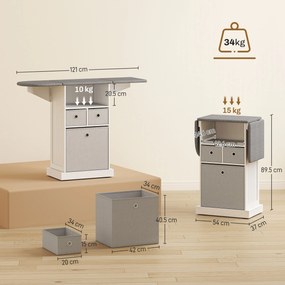 HOMCOM Dulap cu Masă de Călcat Pliabil Economisitor de Spațiu, Dulap Multifuncțional cu 3 Sertare din Material Textil Aspect In, Roți Cu Frână, Raft Deschis, pentru Băi și Spații de Rufe, 121x37x89.5 cm, Alb | Aosom Romania