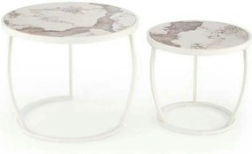Set 2 masute cafea INES, bej cu efect de marmura/alb, ceramica/metal